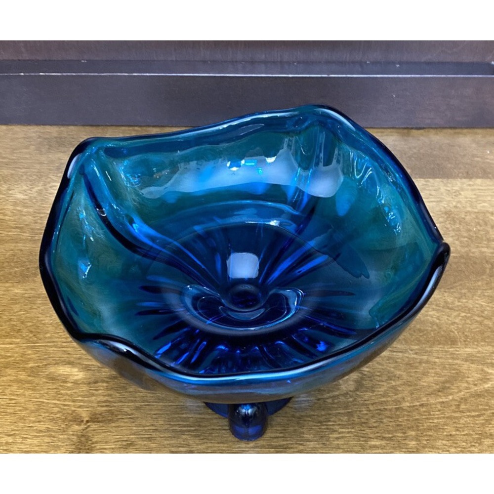 Viking Glass Epic Four Square Footed Bowl/Candy Dish Peacock Blue 6.5" Vintage